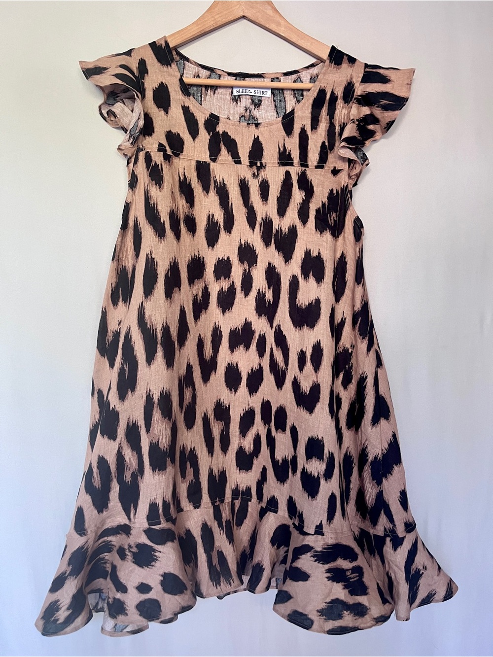 The Sleep Shirt 100% Linen Leopard Print Ruffle Dress  Made in Canada M